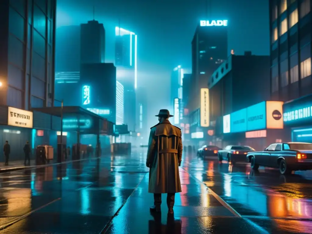 Un detective en un oscuro y lluvioso paisaje urbano con influencias de Film Noir, evocando el análisis detectivesco de Blade Runner