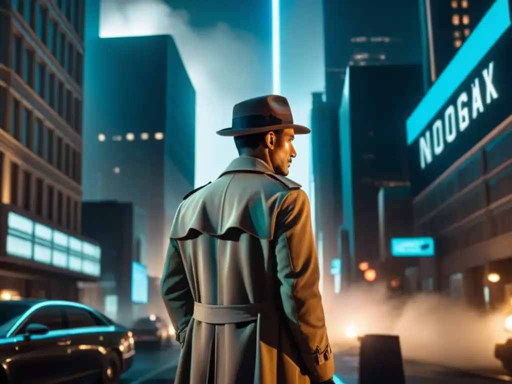 Un detective en un oscuro paisaje urbano nocturno, fusionando tecnología en tramas de misterio con un toque de noir