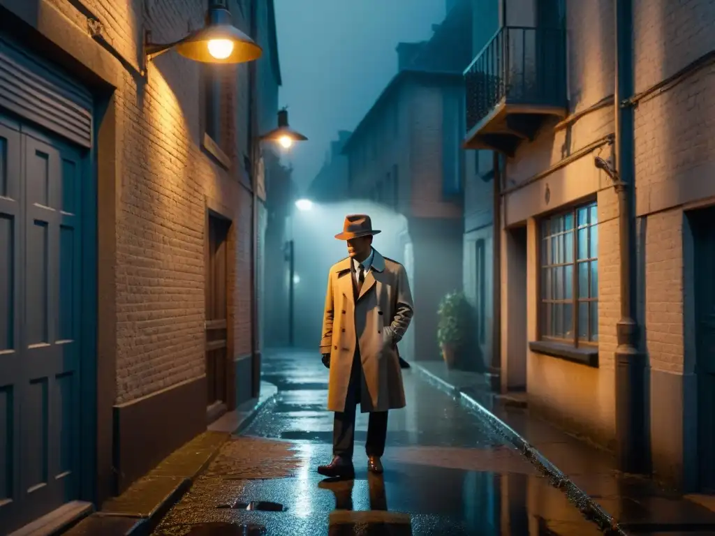 Un detective paranormal en un callejón lluvioso, con huellas misteriosas brillantes