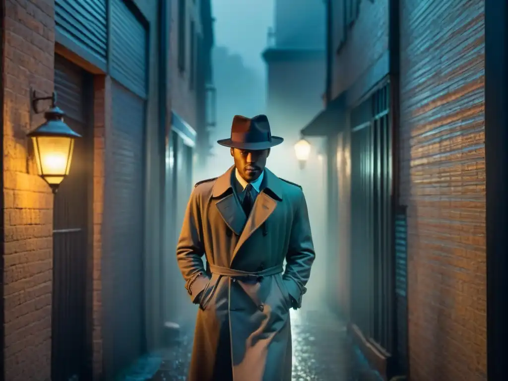 Un detective paranormal en un callejón oscuro, con sombras largas y misterio