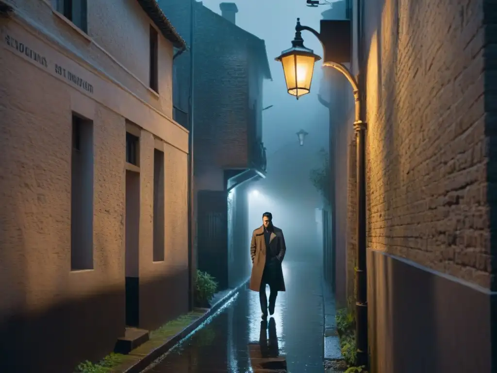 Un detective paranormal en un callejón oscuro con expedientes secretos X, rodeado de misterio y sombras