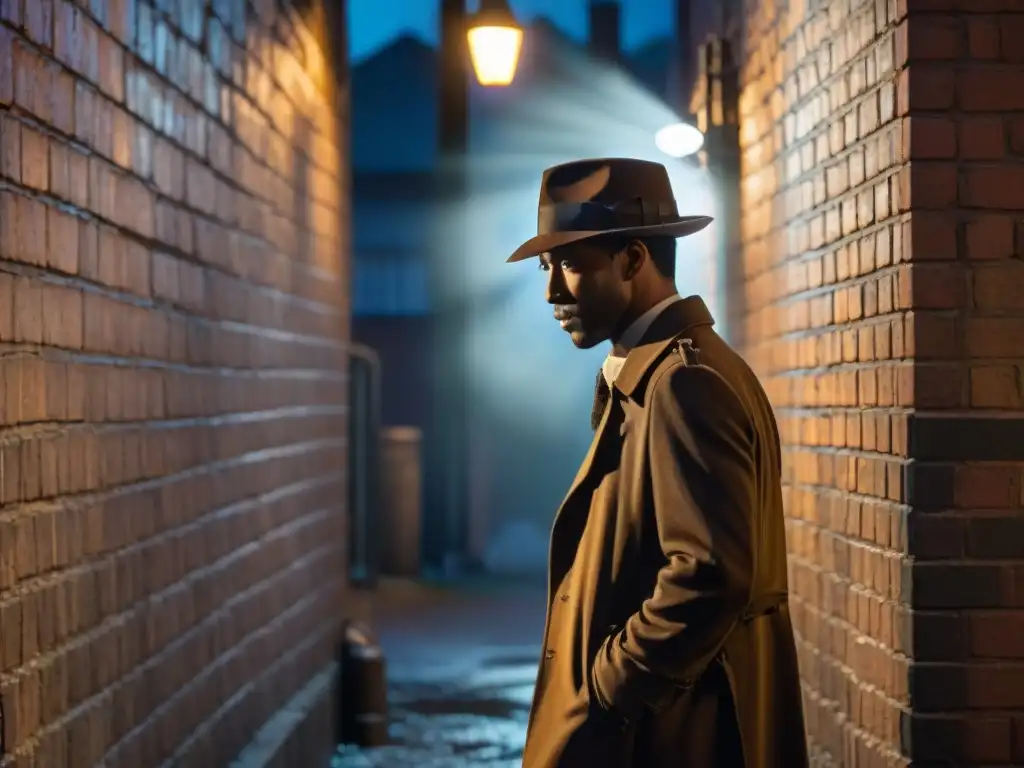 Un detective paranormal en un callejón oscuro y lluvioso, con una atmósfera de misterio y suspense