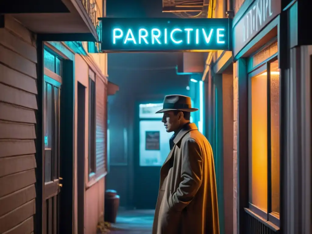 Un detective paranormal en un callejón oscuro de noche, iluminado por el letrero de una tienda psíquica