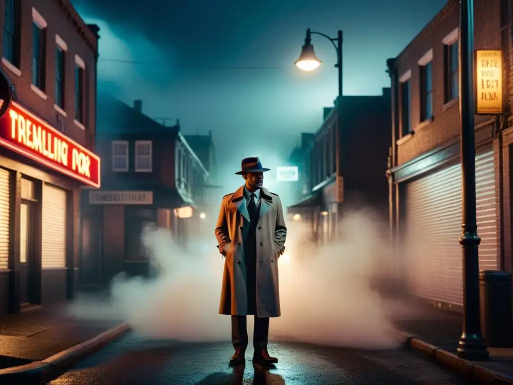 Un detective paranormal en una escena de cine noir, bajo la luz de la farola en la neblina de la noche