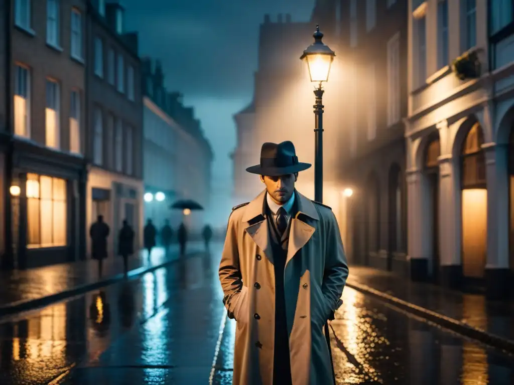 Un detective paranormal en la lluvia, bajo una farola, con sombrero y gabardina, refleja misterio y determinación