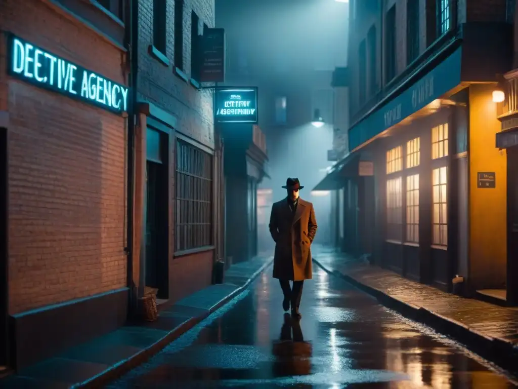 Un detective de película, fumando en un callejón oscuro bajo un letrero de 'Detective Agency'