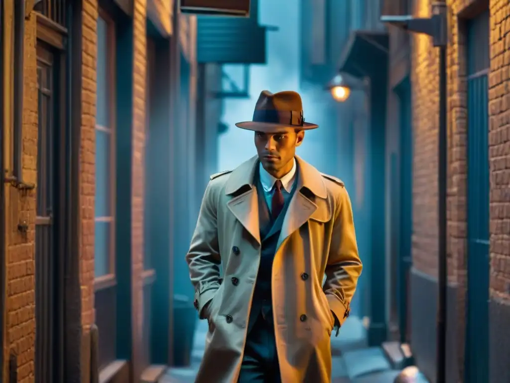 Noir urbano: Misterio en callejón con figura sombría Un detective de película en un callejón oscuro de una ciudad, iluminado por un letrero de neón
