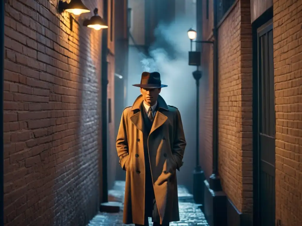 Un detective de película noir en un callejón oscuro, con una lámpara de calle vintage