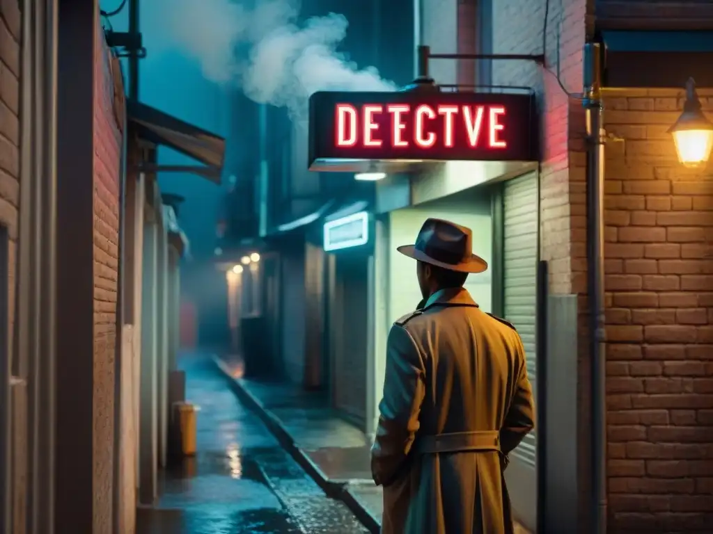 Un detective de película noir, bajo un letrero de 'Agencia de Detectives', fumando en un callejón lluvioso