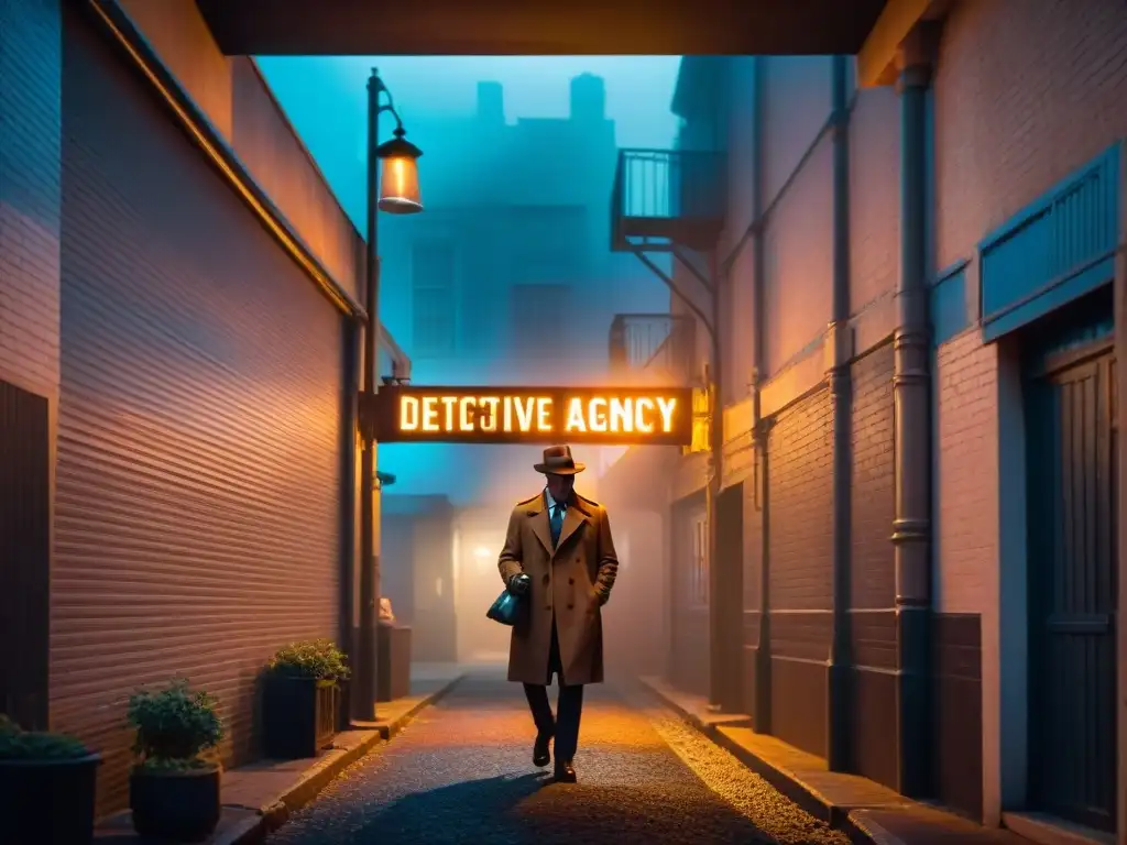 Un detective de película noir, bajo un letrero de 'Agencia de Detectives', en un callejón sombrío y neblinoso