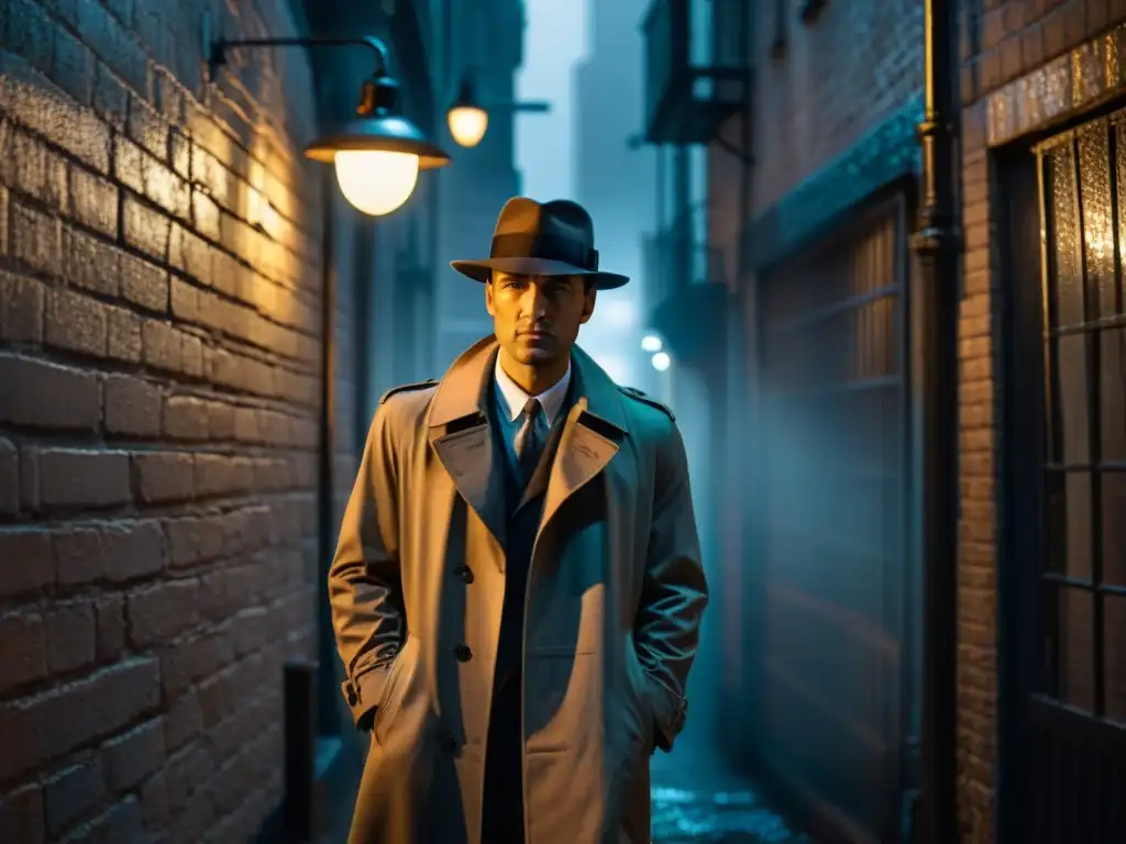 Detective de película noir bajo la lluvia, de pie en un callejón oscuro con un sombrero y gabardina, en blanco y negro