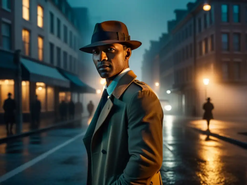 Un detective de película noir bajo la lluvia, con sombrero y gabardina, en una calle iluminada