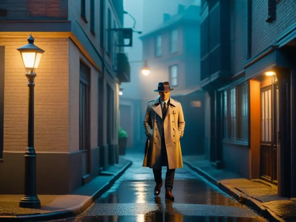 Detective de película noir bajo la luz de una farola, en una calle solitaria de noche, con un coche vintage iluminado por la lluvia