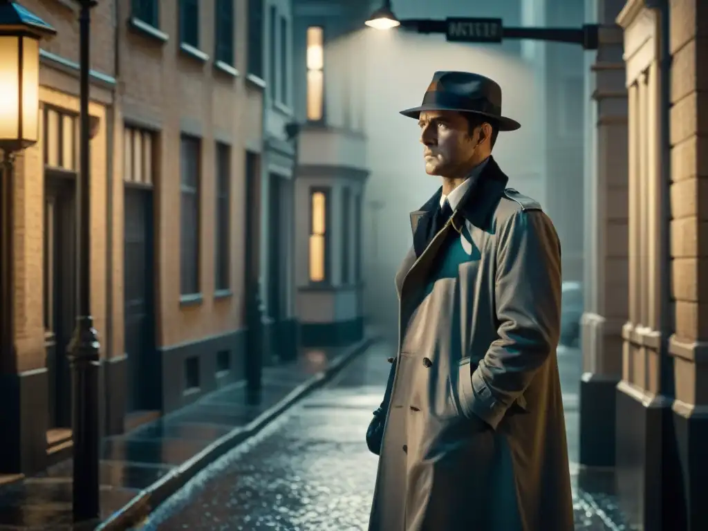 Un detective de película noir bajo la luz de una farola en la lluvia, con un aura misteriosa