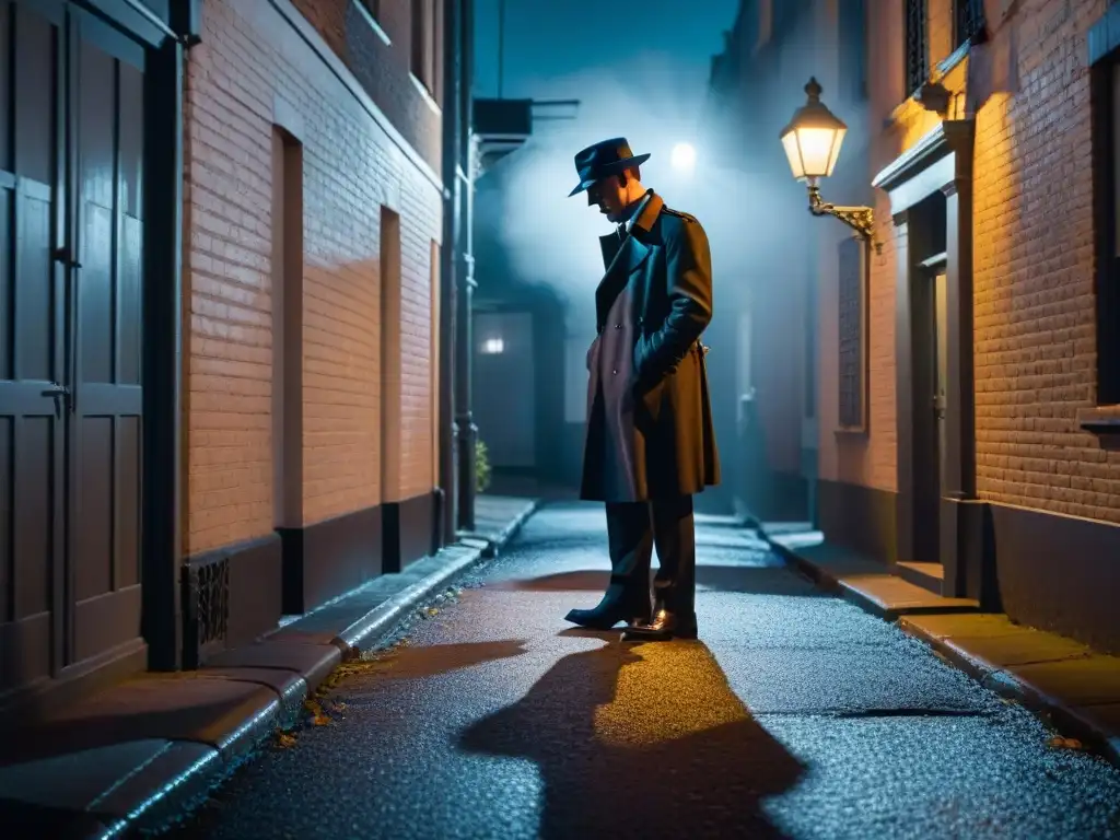 Un detective de película, bajo la luz tenue de una farola en un callejón oscuro, examina una pista misteriosa