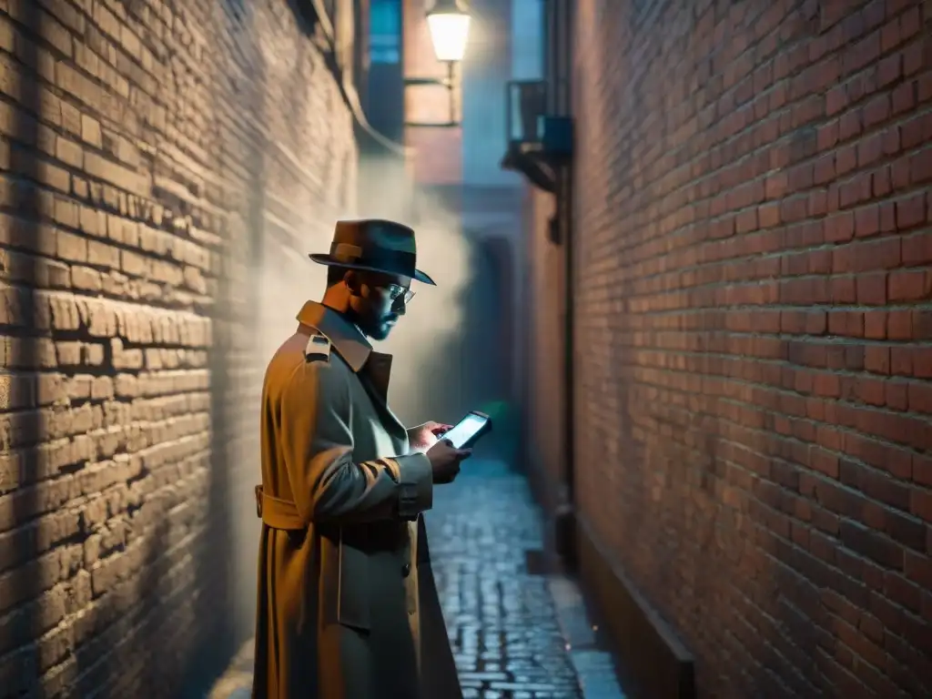 Misterioso detective urbano usando app de camuflaje digital Un detective en la penumbra de un callejón, con abrigo y sombrero, usa una app de camuflaje digital en su móvil