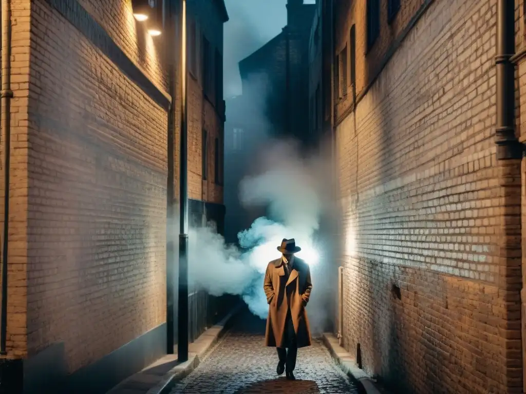 Un detective en la penumbra de un callejón, fumando, mientras una cámara fotográfica en cine noir captura la escena