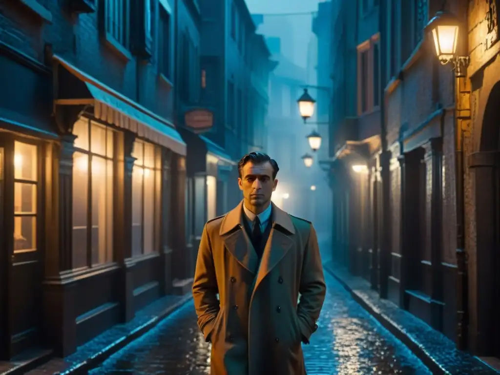 Un detective en la penumbra de un callejón europeo, rodeado de misterio y peligro, evocando el Cine Noir Europeo