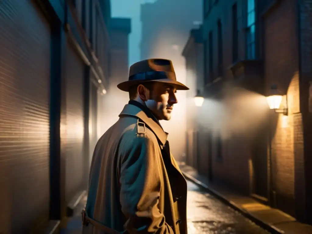 Un detective en la penumbra de un callejón, bajo una farola titilante, exuda misterio y suspense