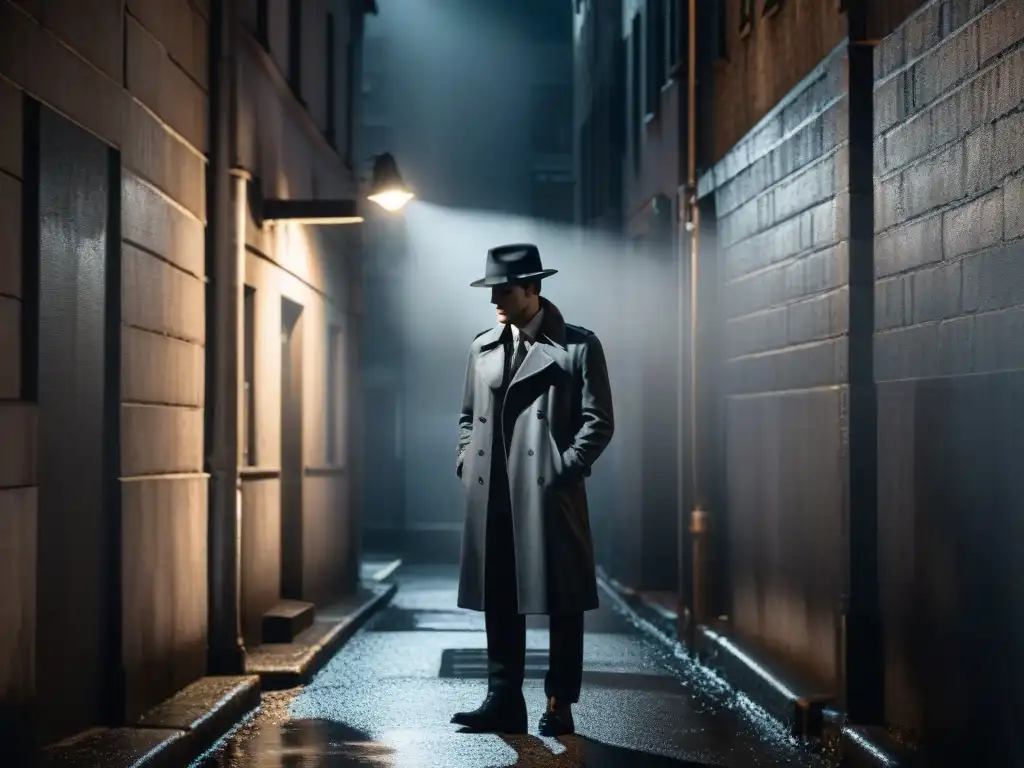 Misterioso detective en callejón oscuro: noir en blanco y negro Un detective en la penumbra de un callejón, bajo una farola titilante, en un escenario de misterio y suspense del cine negro detectives siglo XXI