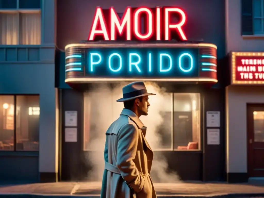 Un detective en la penumbra de un callejón, mirando un letrero de cine vintage que dice 'Amor Prohibido'