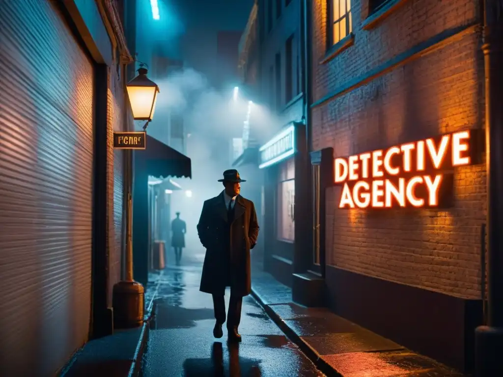 Un detective en la penumbra de un callejón, bajo un letrero de neon de 'Detective Agency', evocando el ambiente misterioso del cine noir