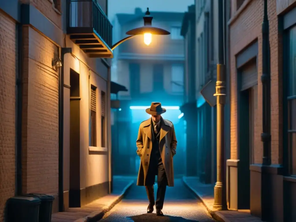 Un detective en la penumbra de un callejón mirando un letrero de neón 'Mystery', evocando misterio detectives en cine y televisión