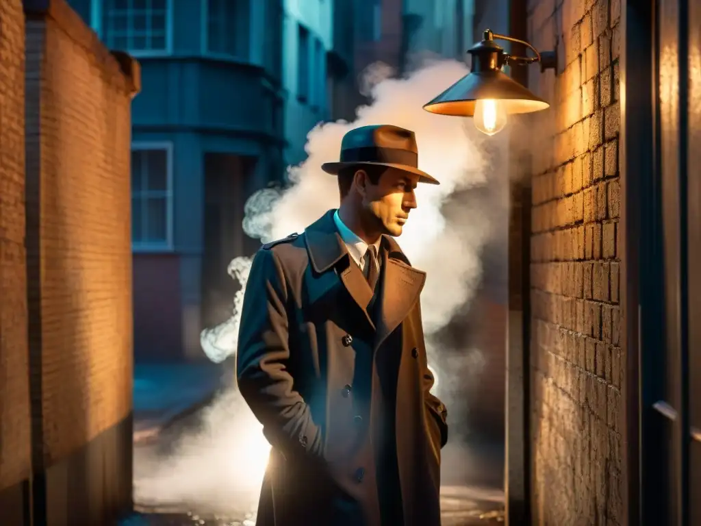 Un detective en la penumbra de un callejón, con lluvia y humo, evocando el misterio de las series detectives innovación narrativa