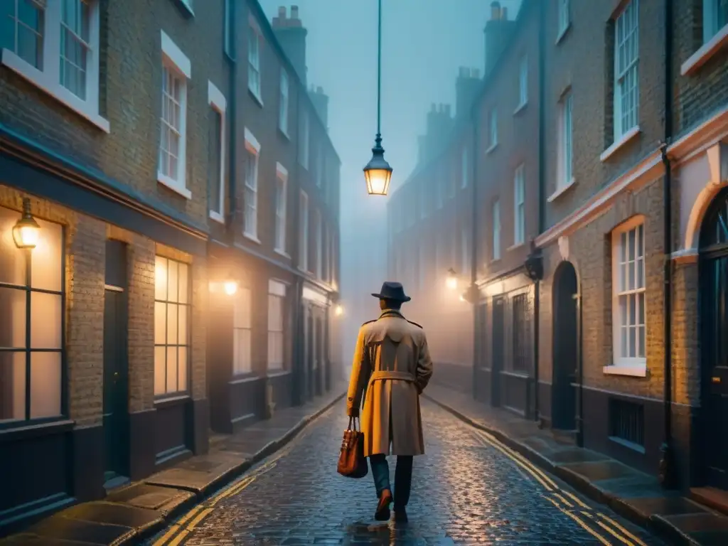 Un detective en la penumbra de un callejón londinense, bajo la luz de una farola vintage, evocando el misterio británico detectives sociedad