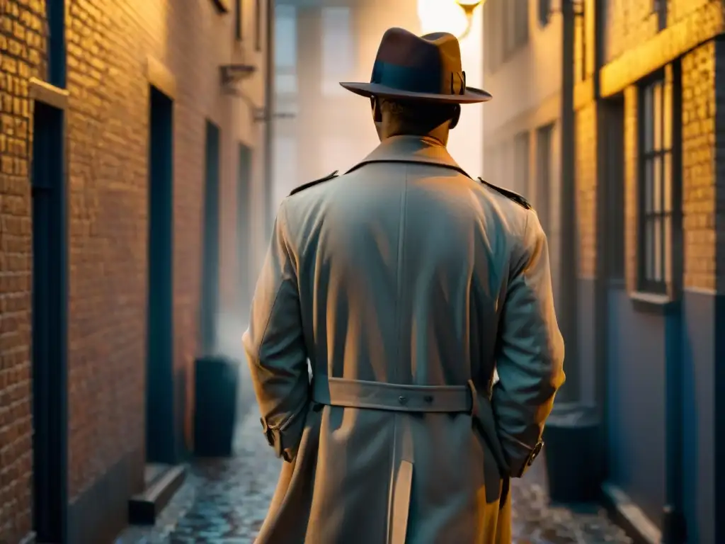 Un detective en la penumbra de un callejón bajo la luz de una farola, evocando la esencia de 'Origen y éxito de Broadchurch'