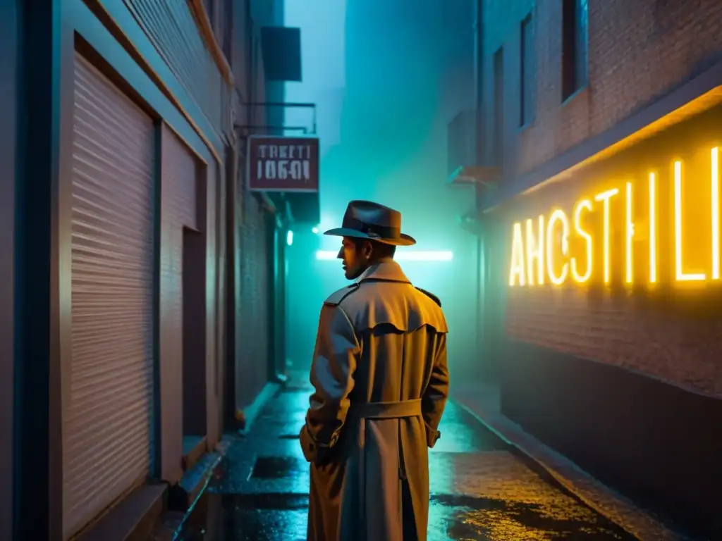 Un detective en la penumbra de un callejón, bajo la luz de un letrero de neón, evocando escenas de film noir