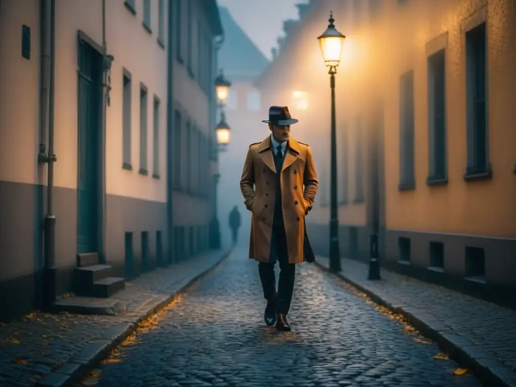 Un detective en la penumbra de un callejón de Berlín, con la luz de una farola proyectando sombras largas