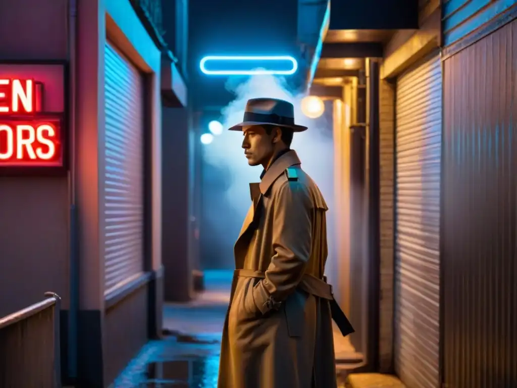 Un detective en la penumbra de un callejón, bajo luz de neón, fumando
