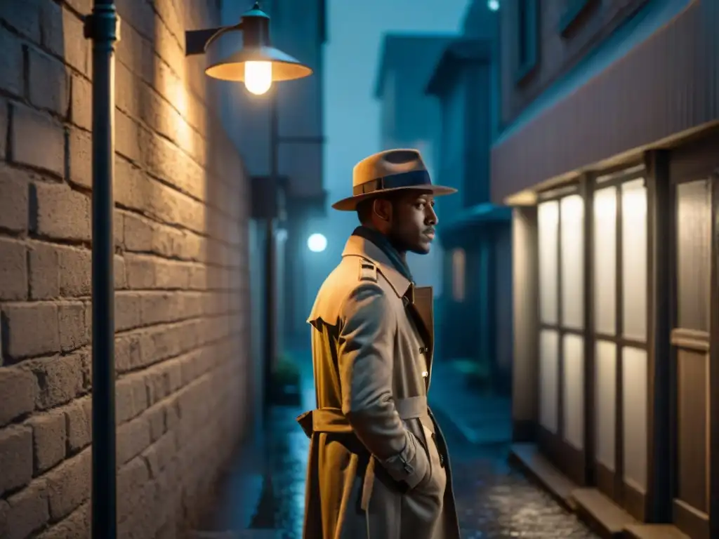 Un detective en la penumbra de un callejón, bajo la luz de una farola titilante