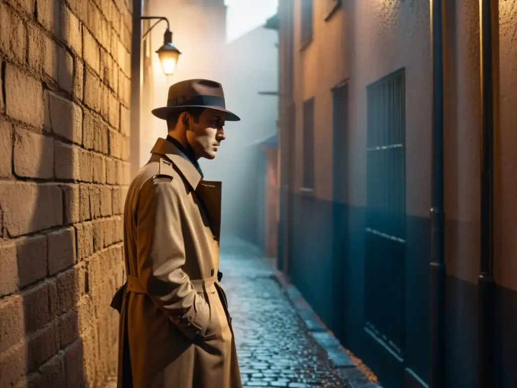 Un detective en la penumbra de un callejón, bajo la luz de una farola, en una escena de suspense