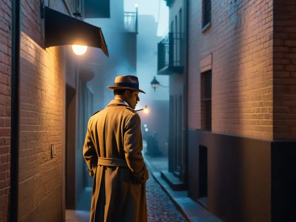 Escena de Cine Negro: Misterio en el callejón oscuro Un detective en la penumbra de un callejón, evocando el misterio de las escenas clásicas de Film Noir en la evolución detective privado televisión