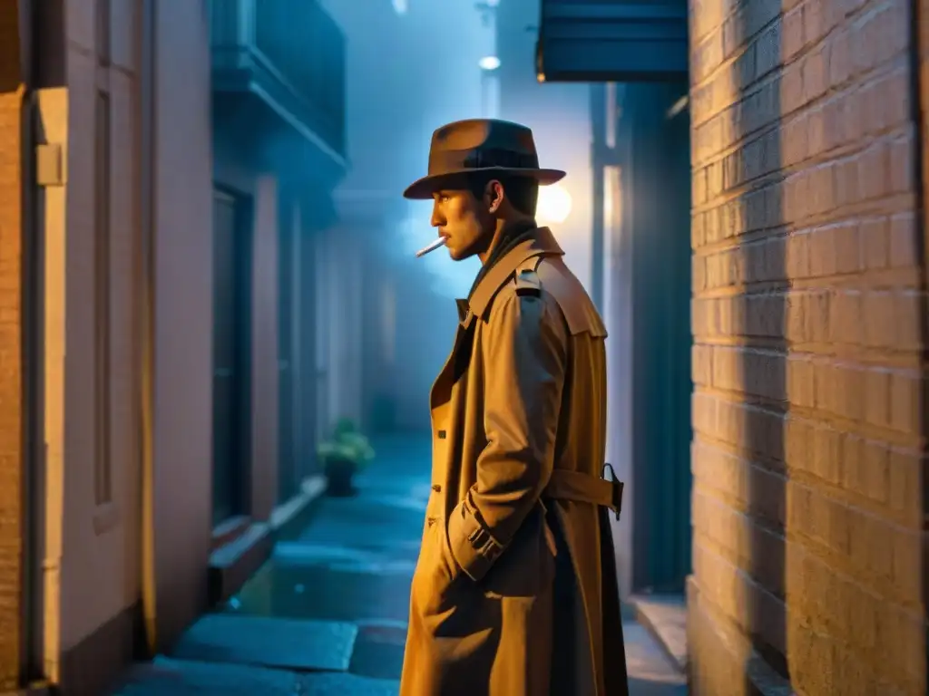 Un detective en la penumbra de un callejón nocturno, bajo la luz de un farolillo