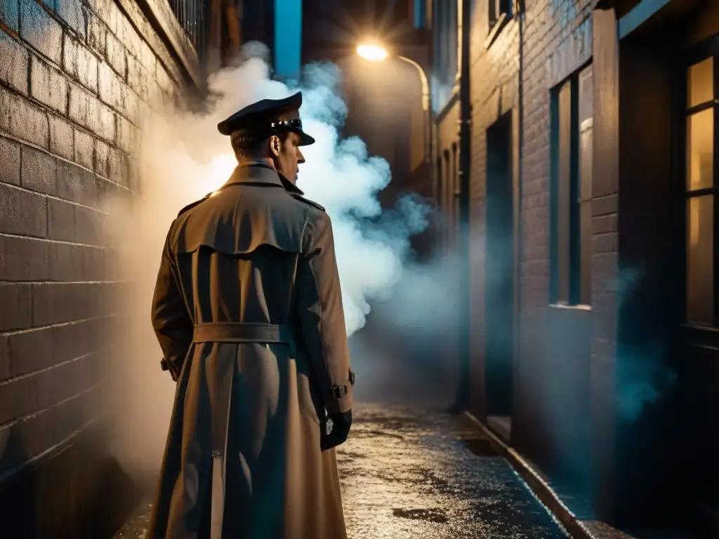 Detective en la penumbra de un callejón, ambiente de Film Noir para amantes de detectives en cine y televisión