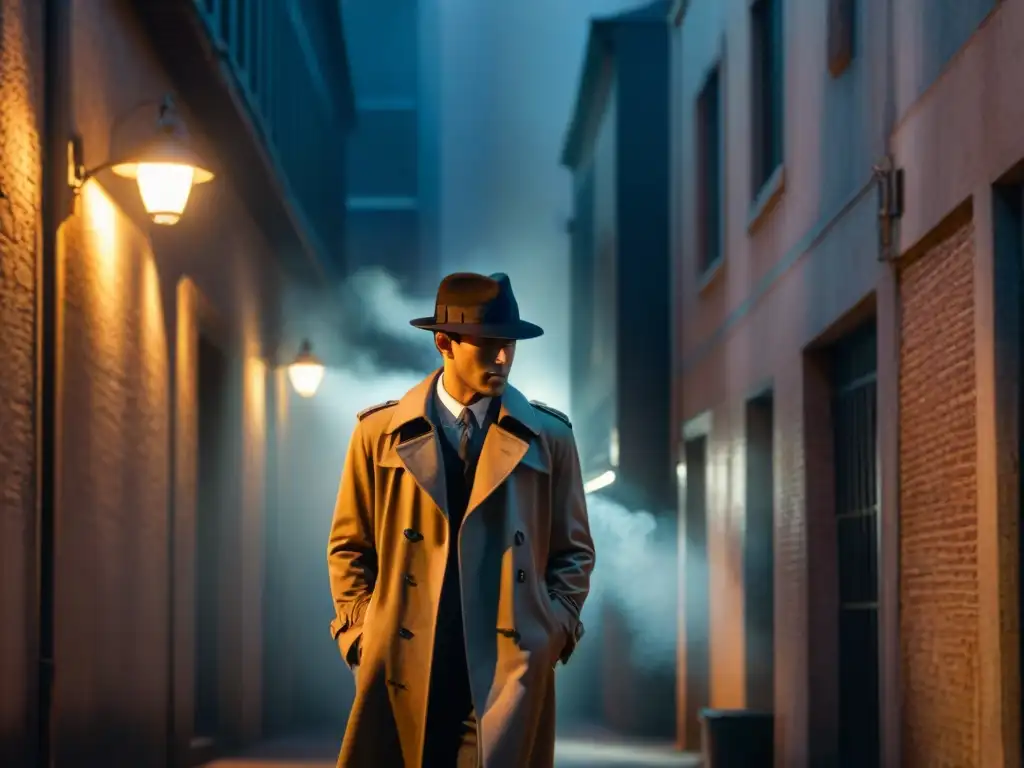 Figura misteriosa en callejón sombrío: estética Film Noir Un detective en la penumbra de un callejón oscuro, con edificios altos y un aire de misterio