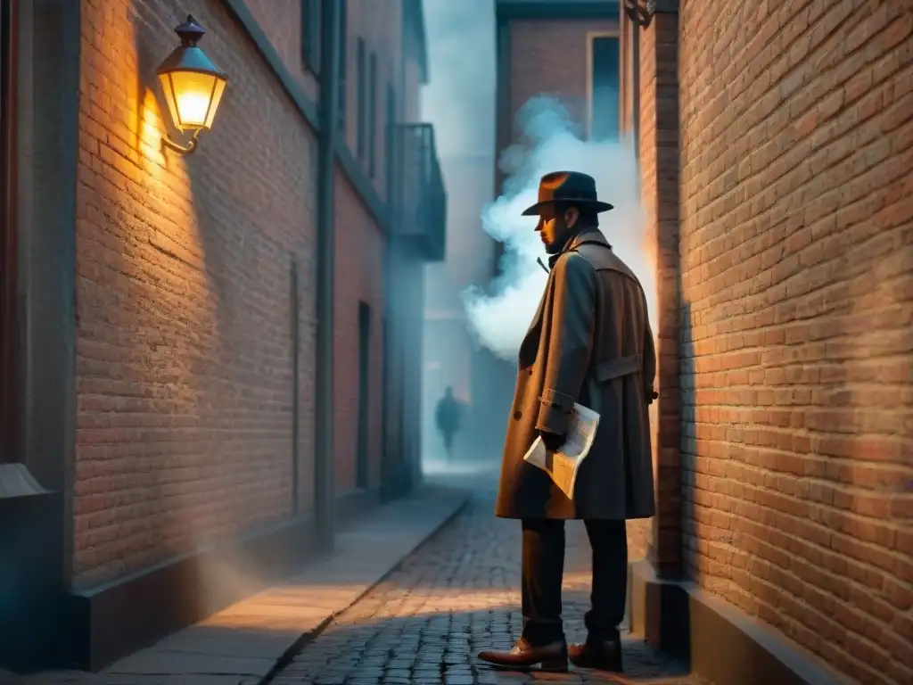 Un detective en la penumbra de un callejón, sostiene un papel prensa, en un ambiente de cine negro