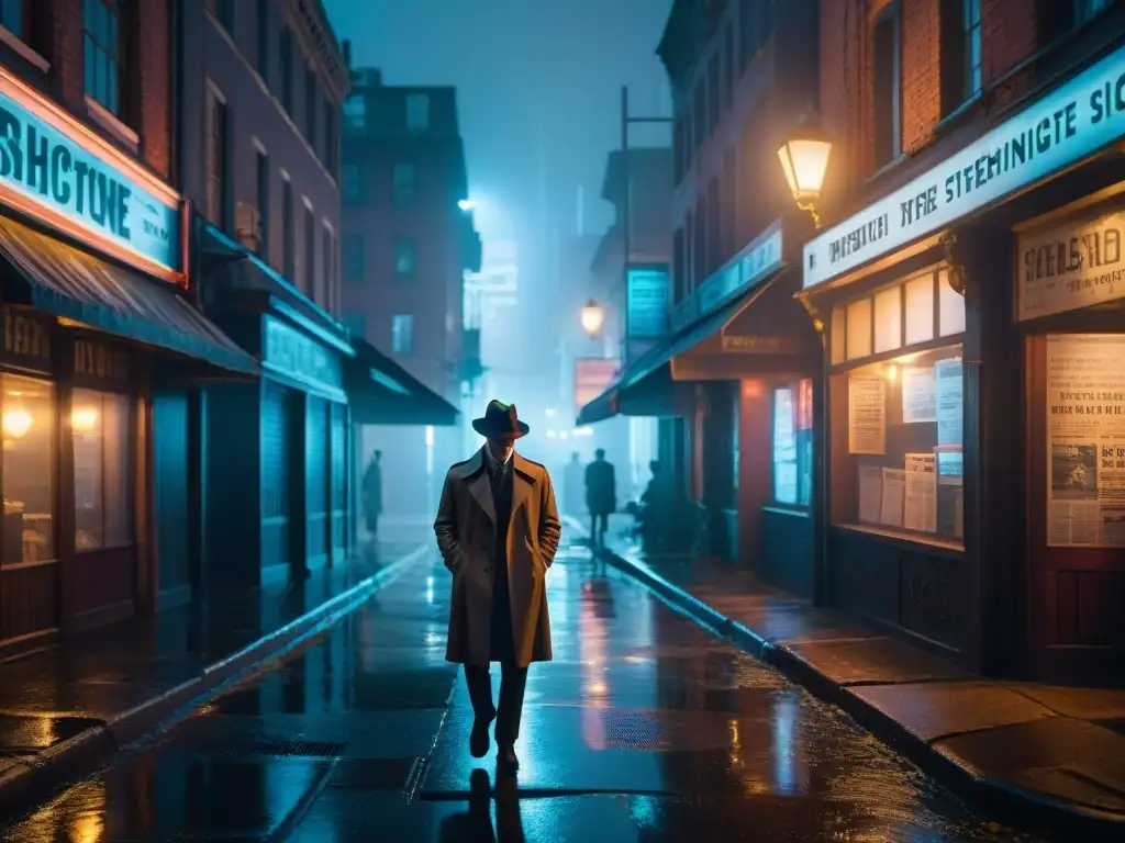 Un detective en la penumbra de un callejón retro, rodeado de papel prensa en detectives y misterio