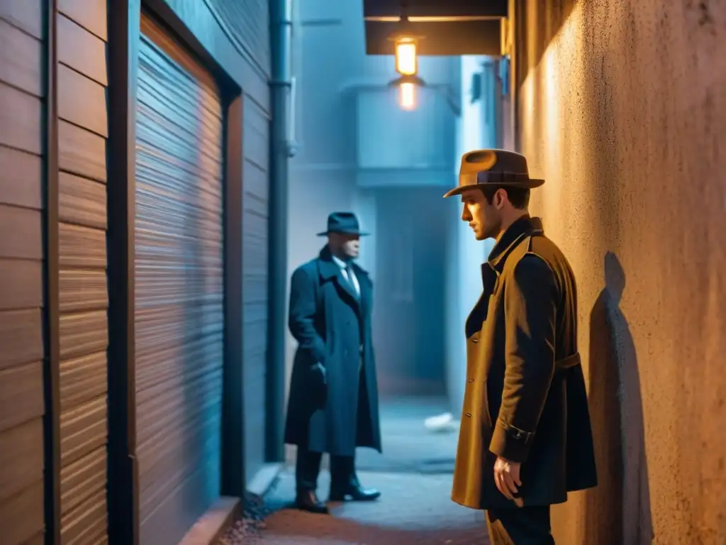 Detective en la penumbra de un callejón, con sombras y luz de neón