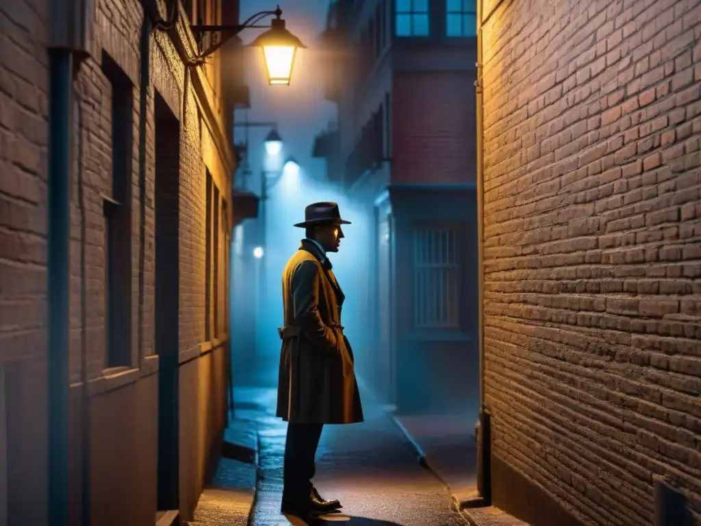 Un detective en la penumbra de un callejón, sombrero y gabardina, bajo la luz de la farola