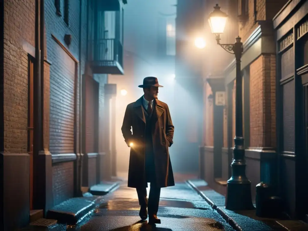 Detective en la sombra: imagen Film Noir de suspense y misterio Un detective en la penumbra de un callejón, con sombrero y lupa, bajo una farola en la niebla