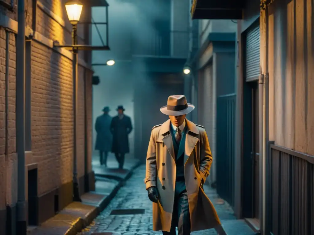 Un detective en la penumbra de un callejón urbano, con sombrero y gabardina, creando un ambiente de misterio y tensión