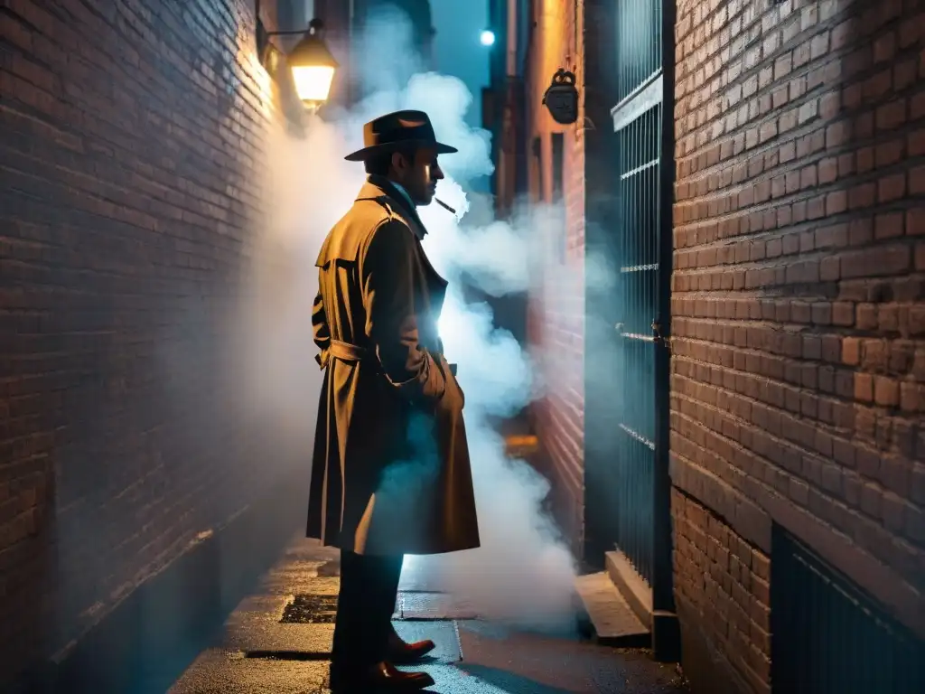 Un detective en la penumbra de una callejuela, iluminado por una farola, en un ambiente de cine negro