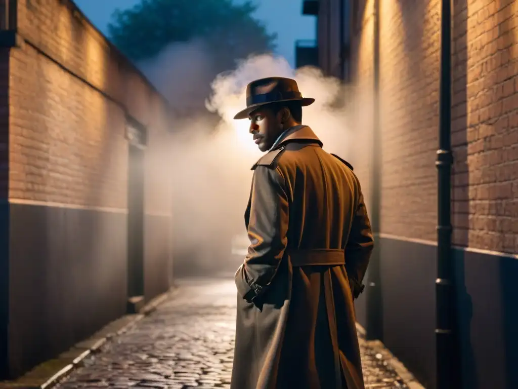 Un detective en la penumbra de una callejuela, con niebla y luces tenues, evocando misterio y cine negro