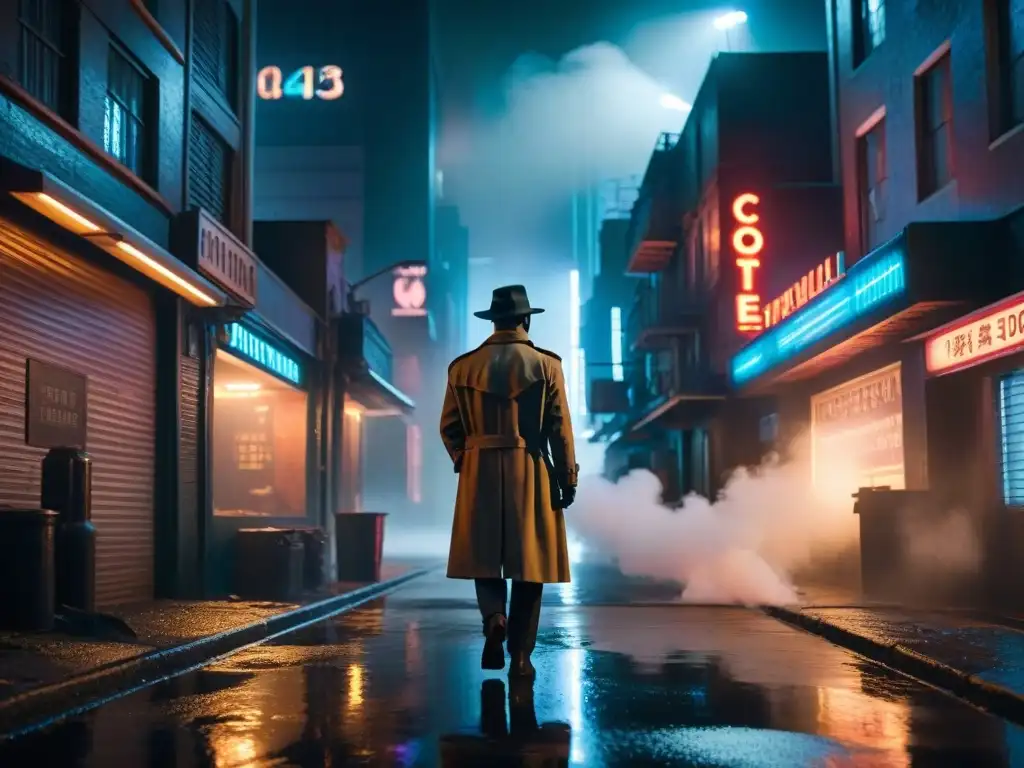 Un detective en la penumbra de una ciudad distópica futurista, entre neones y misterio