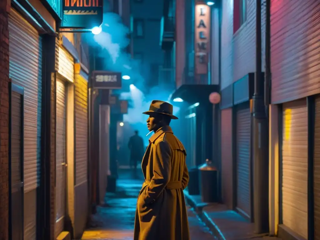 Misterioso detective fumando en callejón nocturno Un detective en la penumbra de una ciudad, iluminado solo por una farola parpadeante