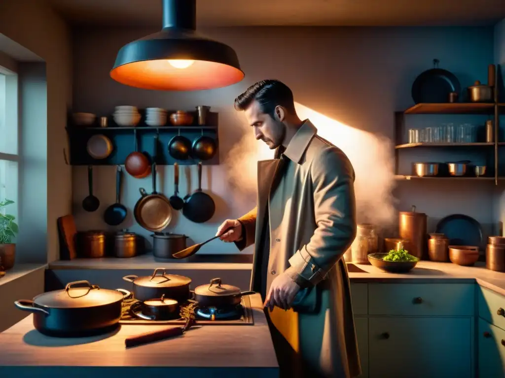 Un detective en la penumbra de una cocina vintage, examina un cuchillo ensangrentado en la encimera